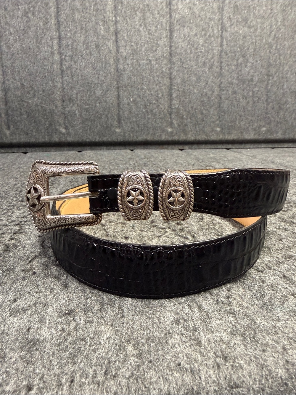 Tony Lama Black Croc-Embossed Western Belt with Silver Star Conchos